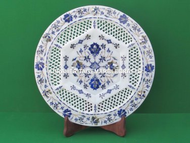Marble Round Plate Lapis Lazuli Grill Inlay Home Occasional Decorative H4527