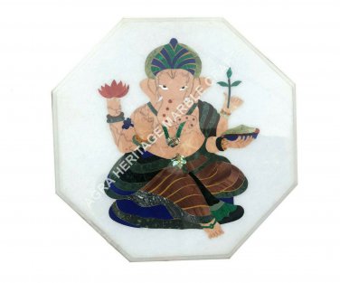 18" White Octagon Marble Coffee Center Table Top Ganesh Inlay Design Decor E1274