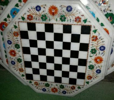 24" Marble Coffee Table Top Chess Design  Mosaic Inlaid PietraDura Handmade Gift