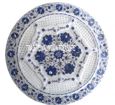 13" White Marble Plate Lapis Lazuli Pietradura Inlay Grill Art Kitchen Decor