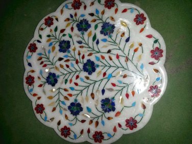 15" White Decorative Marble Plate Semi Precious Marquetry Inlay Decor Gifts