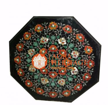 15" Black Marble Octagon Kitchen Bedroom Table Top Inlay Stunning Art Home H5685