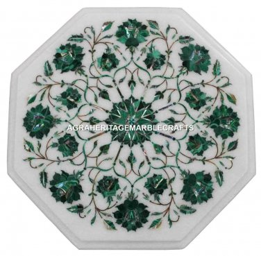 12" White Marble Coffee Table Top Malachite Inlay Floral Art Bedroom Decor H3033