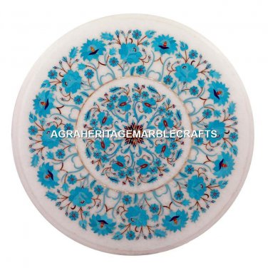 12" Marble Round Coffee Bedroom Table Top Turquoise Inlay Wedding Gift M096