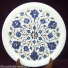 White Marble Round Serving Plate Lapis Lazuli Inlay Marquetry Floral Art Decor