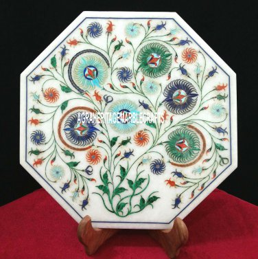 12'' White Marble Tiles/Plate Gemstone Malachite Inlay Kitchen Decor H3712