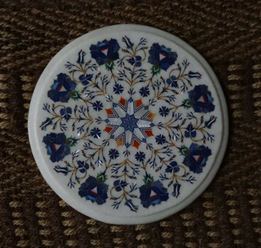 12" Round Coffee Table Top Lapis Inlaid Floral Design Marquetry Home Mosaic Arts