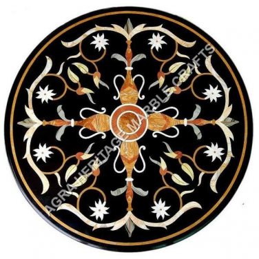 18" Black Marble Round Coffee Kitchen Table Top Marquetry Inlay Home Decor H5014