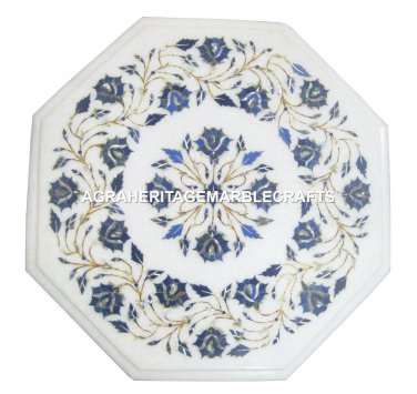 White Marble Coffee Center Lapis Lazuli Inlay Floral Housewarming Gift H1853