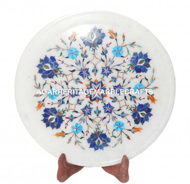 White Marble Round Plate Lapis Lazuli Marquetry Inlay Floral Kitchen Decor H1281
