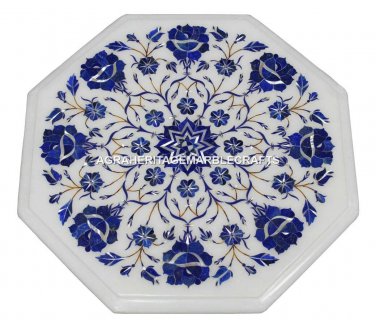 Marble Side Coffee Table Top Lapis Lazuli Inlay Floral Hallway Decorative H1377