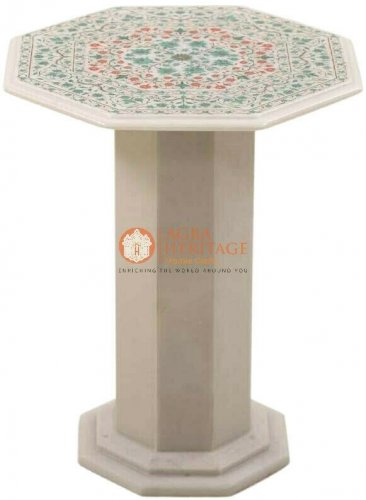 18"x18" White Top Coffee Counter Table Malachite Inlaid Floral Fine Design Arts