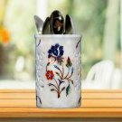 White Marble Handmade Pen Holder Collectible Lapis Inlaid Marquetry lattice Arts