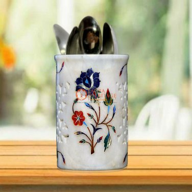 White Marble Handmade Pen Holder Collectible Lapis Inlaid Marquetry lattice Arts