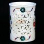 White Marble Handmade Pen Holder Collectible Lapis Inlaid Marquetry lattice Arts