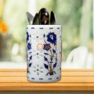 White Marble Pen Pencil Holder Lapis Inlaid Marquetry Filigree Art Home Decor White Marble Pen Pencil Holder Lapis Inlaid Marquetry Filigree Art Home Decor