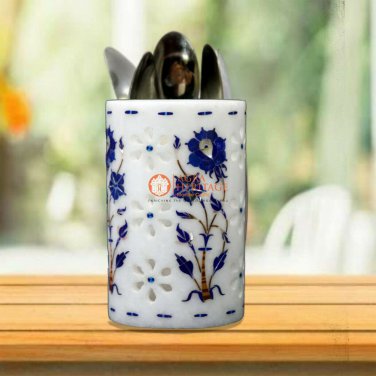White Marble Pen Pencil Holder Lapis Inlaid Marquetry Filigree Art Home Decor