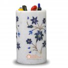 Marble White Handmade Designer Pen Holder Decorative Lapis Inlaid Floral Decor Marble White Handmade Designer Pen Holder Decorative Lapis Inlaid Floral Decor