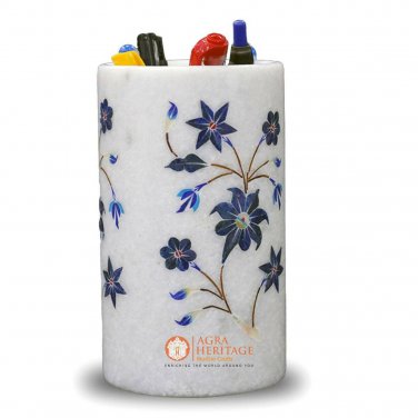 Marble White Handmade Designer Pen Holder Decorative Lapis Inlaid Floral Decor