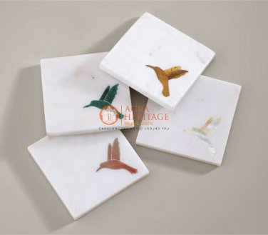 Marble White Tea Coasters Set 4 Piece Plate Unique Handmade Marble Inlay Art