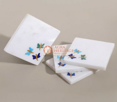 Marble Inlay Coasters Set 4 Piece Plate Inlay Butterfly New Home Gifts Decor Art