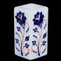 Marble White Handmade Pen & Candle Holder Lapis Inlaid Marquetry Floral Design