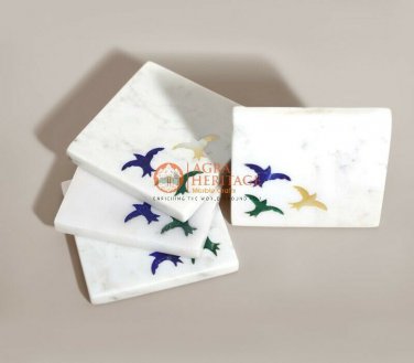 White Marble Coasters Plate Premium Quality Handmade Stone Inlay Art Dining Deco