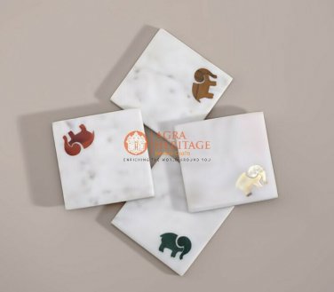 Luxury Marble Bar Coasters 4 Piece Plate Handmade Inlay Elephant Gemstone Art