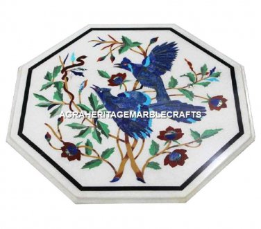 18" White Outdoor Marble Table Lapis Birds Inlay Marquetry Outdoor Decor H3054