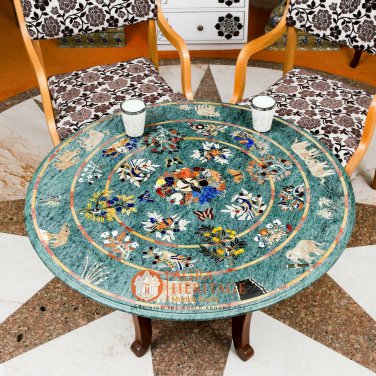 Antique Green Marble Top Restaurant Table Multi Stone Marquetry Design Home Deco