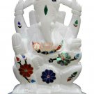 6" Marble White Idol Ganesh Religious Sculpture Semi Precious Floral Inlaid Arts