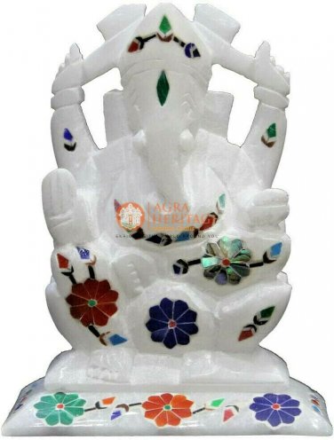 6" Marble White Idol Ganesh Religious Sculpture Semi Precious Floral Inlaid Arts