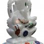 6" Marble White Idol Ganesh Religious Sculpture Semi Precious Floral Inlaid Arts
