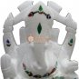 6" Marble White Idol Ganesh Religious Sculpture Semi Precious Floral Inlaid Arts