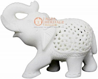 4" Marble Handmade Trunk Up Elephant Statue Filigree Inlaid New Year Eve Gifts
