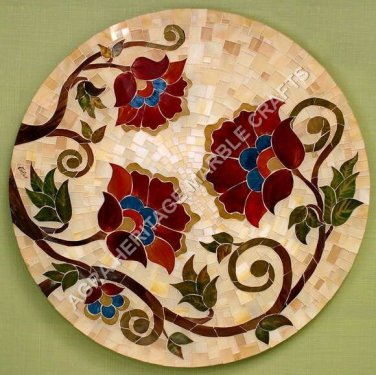 24" White Marble Round Kitchen Table Top Mosaic Inlay Home Interior Decor H4703