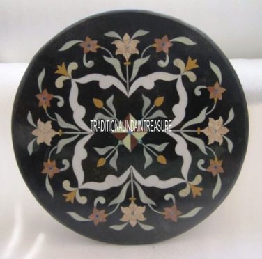 24" Black Marble Round Coffee Top Marquetry Floral Work Inlay Mosaic Outdoor Art
