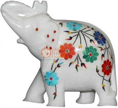 6" White Handmade Decorative Elephant Statue Semi Precious Inlaid Columbus Gifts