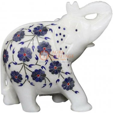 6" White Jumbo Elephant Lapis Inlaid Floral Precious Design Housewarming Gifts