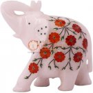 6" White Elephant Sculpture Carnelian Marquetry Floral Inlaid New Year Eve Gifts