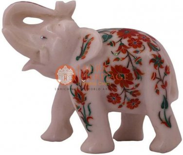 5" Marble Wild Elephant Statue Carnelian Marquetry Floral Design Veterans Gifts