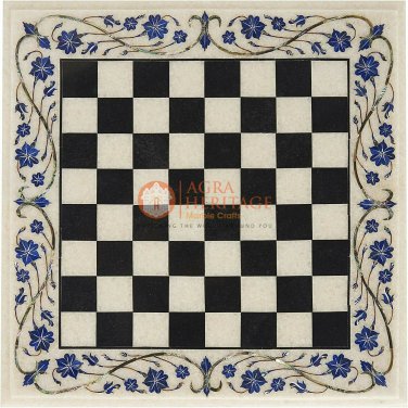 Marble White Chess Set Board Lapis Inlaid Marquetry Floral Design Handmade Chess