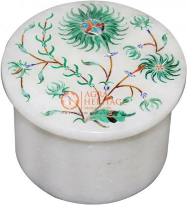 2"x2" Marble White Trinket Ring Box Malachite Inlay Floral Birthday Gifts Decor