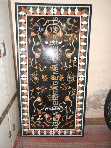 4'x2' Black Marble Dining Contemporary Table Top Floral Marquetry Inlaid H4872
