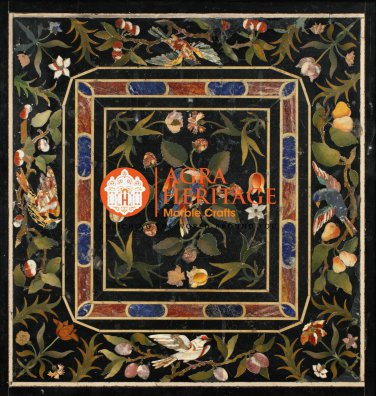 Marble Black Conference Dining Table Top Pietra Dura Inlay Marquetry Decor E1612