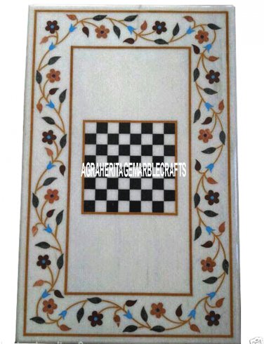 4'x2' Marble Chess Board Dining Table Inlay Play Game Marquetry Floral Art H3301