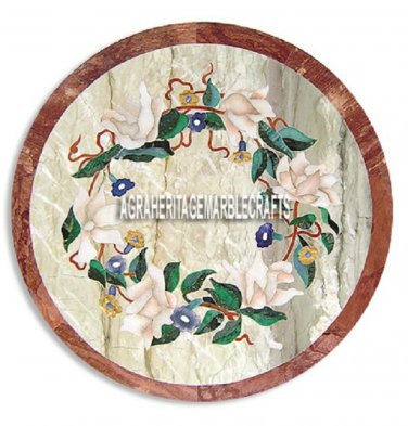 Round Marble Coffee Table Top Precious Stone Inlaid Floral Kitchen Decor H3911