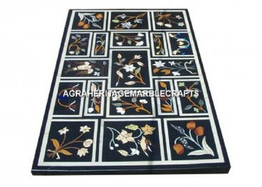 Black Marble Inlay Dining Table Top Rare Marquetry Art Inlay Garden Decor H3004
