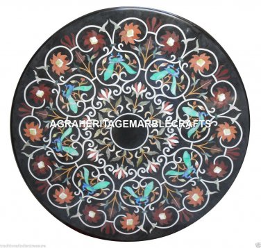Black Marble Handmade Dining Table Turquoise Pietradura Inlay Garden Decor H3323