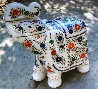 20" White Marble Trunk Up Standing Elephant Floral Inlay Showpiece Decor H3481